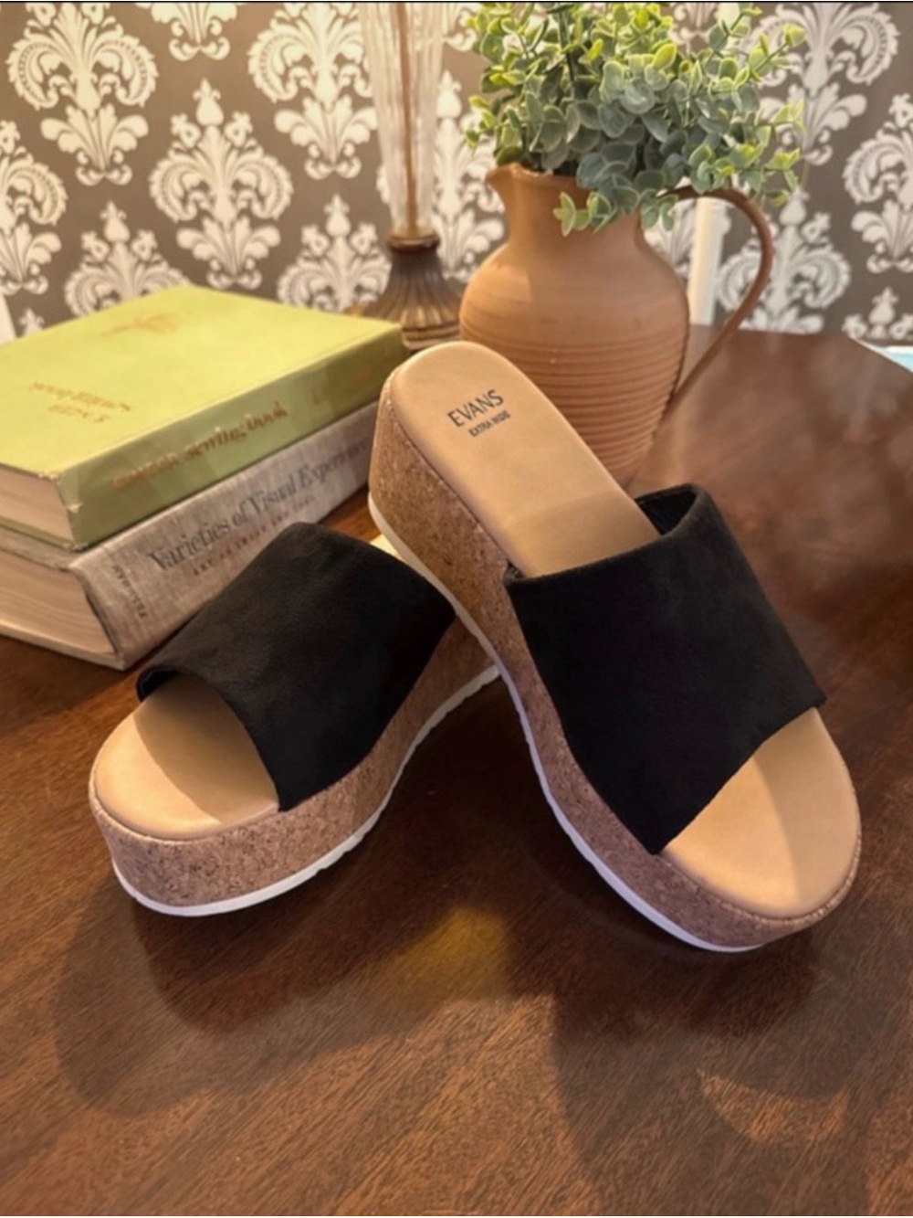 Evan’s Black Suede Cork Platform Wedge Size 9 Extra Wide Sandals Slip On Comfort